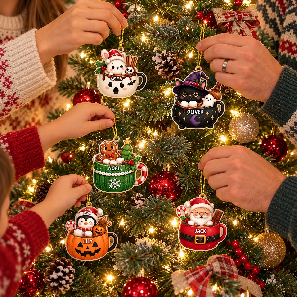 5pcs Custom Name Christmas Mug Ornaments Acrylic Hot Cocoa Cup Tree Decorations For Families Friends Holiday Keepsake Gift Set