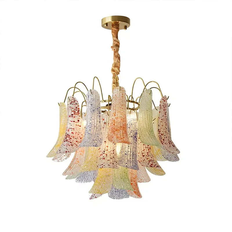 2026 New French Yellow Murano Glass Lustre Chandelier, Petal Frosted Pendant Lamp for Villa, Light for Ceilings