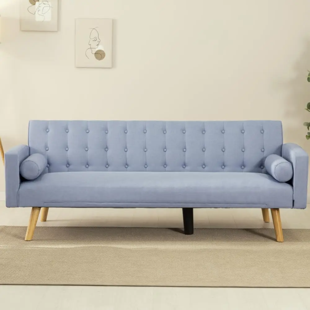 Blue 3 Seater Sofa Bed with Adjustable Backrest Convertible Design Wooden Legs-Apartment & Hotel Use Fabric Cover