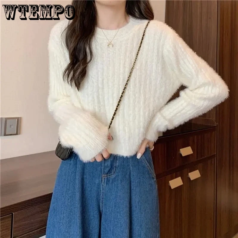 Sweet Soft Short Pullover Mohair Women Crop Top Round Neck Long Sleeve Simple Casual Undershirt Korean Fashion Spring Autumn