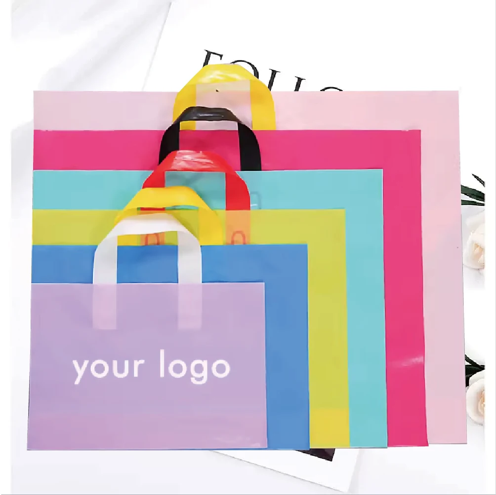 100Pcs Customized Logo Colorful Shopping Bag with Plastic Gift Bag Logo Printing, One Colorful Logo on Double-Sided Free Design Printing