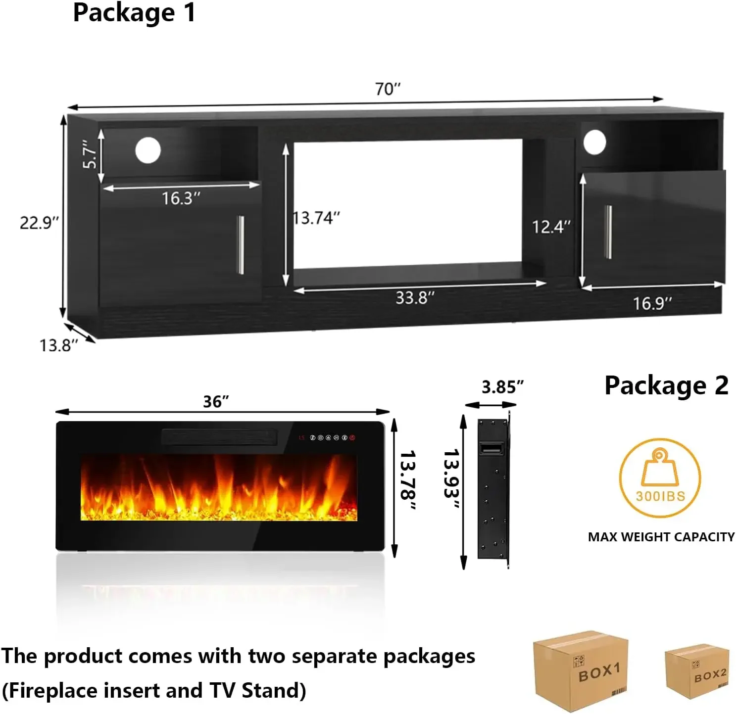 TV Stand 70'' with LED Light and Storage  & Highlight Cabinet, Floating Fireplace Modern Wood Media TV Console