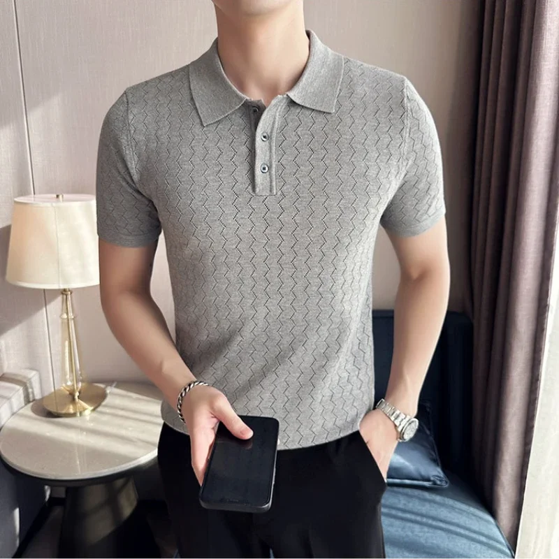 Ice Silk Wave Striped Knitted Lapel Short Sleeve Men's T-shirt Slim Hole Polo Shirt Gray ,polo Golf Shirt