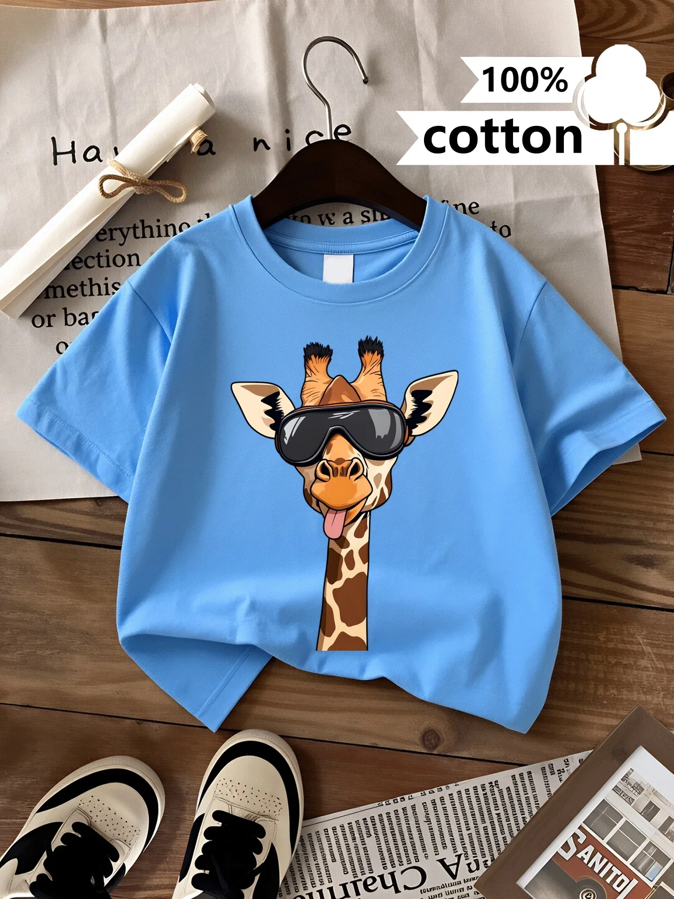 Parent-child Tee Funny Giraffe Wearing Black Tongue Out Cartoon Print Short Sleeve  Cotton Kids Cute Casual Daily Wear T Shirt
