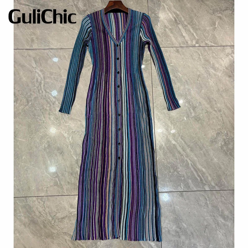 

Женское яркое вязаное платье GuliChic 9,21 года, Яркий шелковый кардиган в яркую полоску с V-образным вырезом, облегающее однобортное Плиссированное вязаное платье