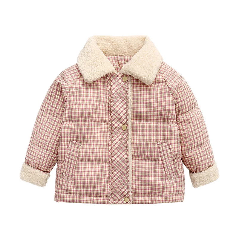 Winter Children Girl Parkas Cotton Fleece Turn Down Collar Plaid Toddler Girl Outwear Coat Single Breasted Baby Girl Down Jacket