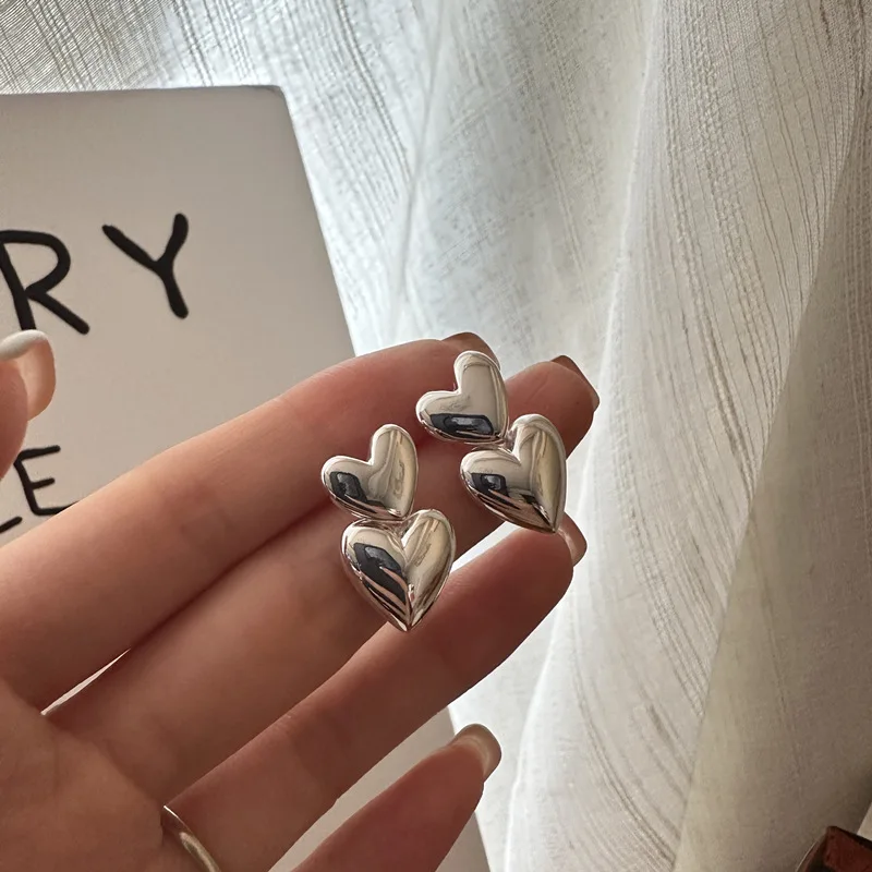 

925 Sterling Silver Glossy Double Heart Shape Drop Earrings for Women Fine Jewelry