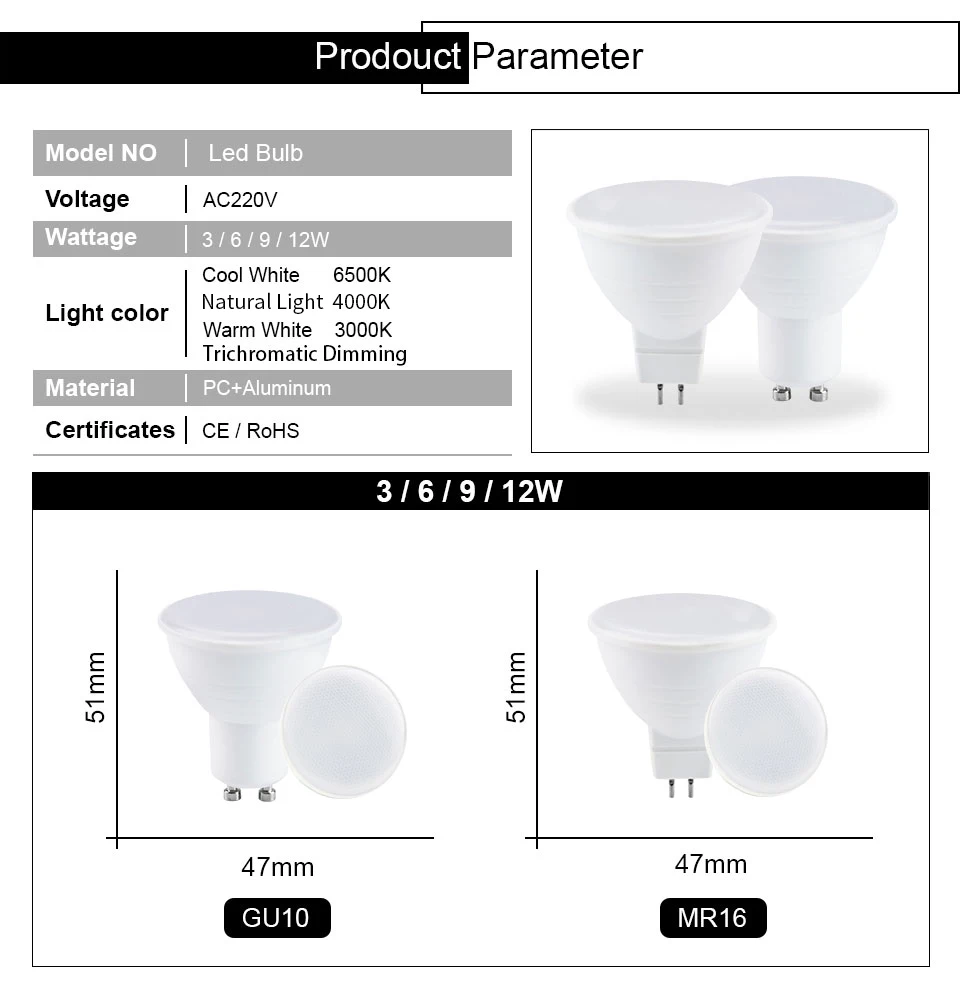 Bombilla LED GU10, E27, E14, MR16, GU5.3, 6W, 220V, 10 piezas