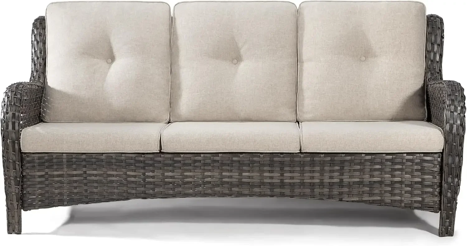 Outdoor Patio Couch Wicker Sofa - 3 Seater Rattan Sofa for Outside Patio Garden with Deep Seating and Olefin (Mixed Grey/Beige)