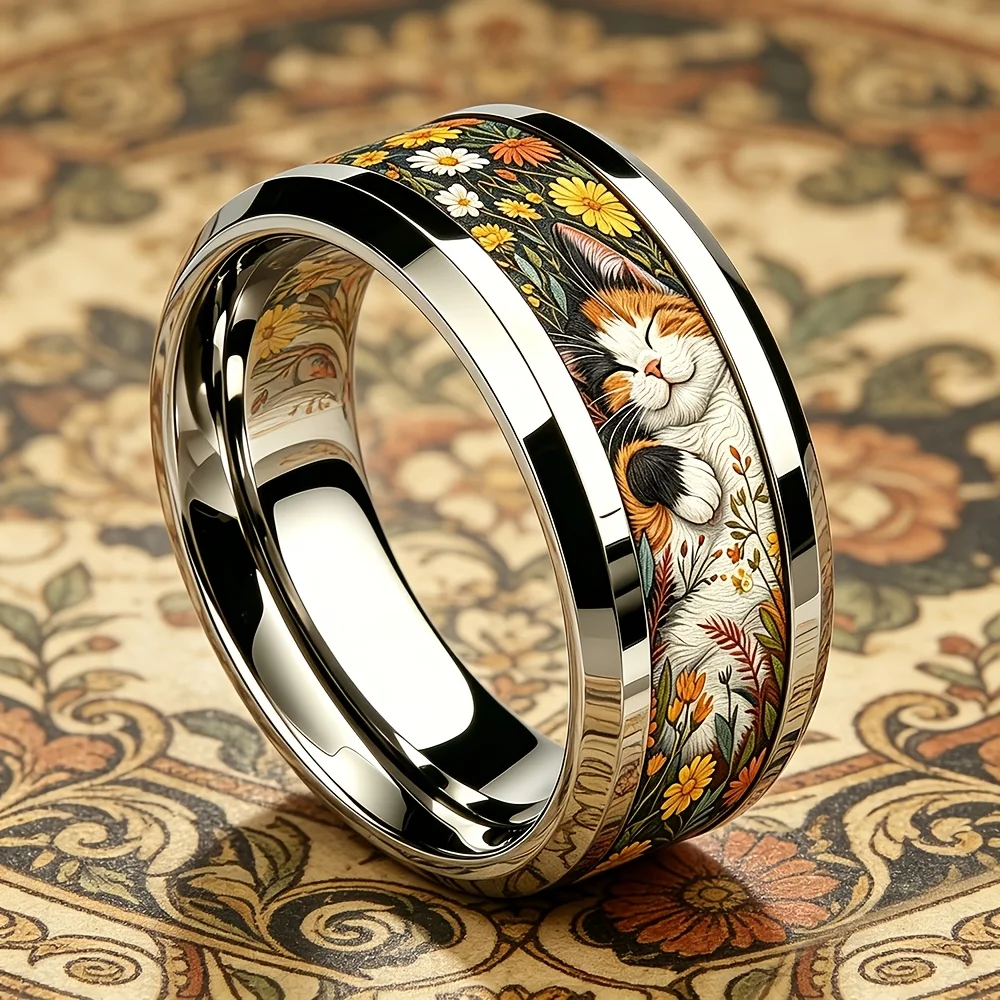 Niedlicher schlafender Calico-Katze & Wildgänseblümchen-Blumen-Intarsienring Elegante Edelstahlringe für Frauen Männer Hochzeit Party Schmuck Geschenk – Detail 4