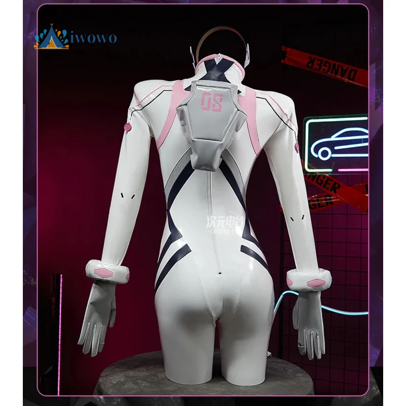 Weißer Leder-Sexy-Jumpsuit mit Brille Anime EVA Cosplay Kostüm-Set für Halloween Karneval Mari Makinami Illustrious Uniform
