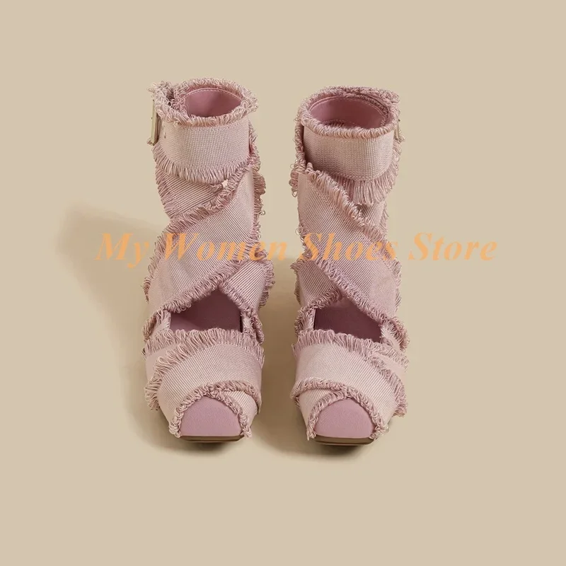 Image of Rosa Denim-Pumps mit Quasten und runder Spitze, flach, mit Knöchelriemen und Schnalle, echtes Foto, handgefertigt, Runway 2026, Abendschuhe