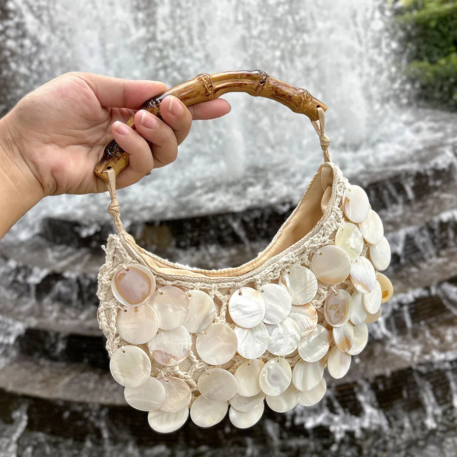 Bamboo Handle Women Handbags Luxury Shell Sequin Evening Bags for Women Half Moon Hobos Cloud Bag Rope Knitting Mesh Bags NEW