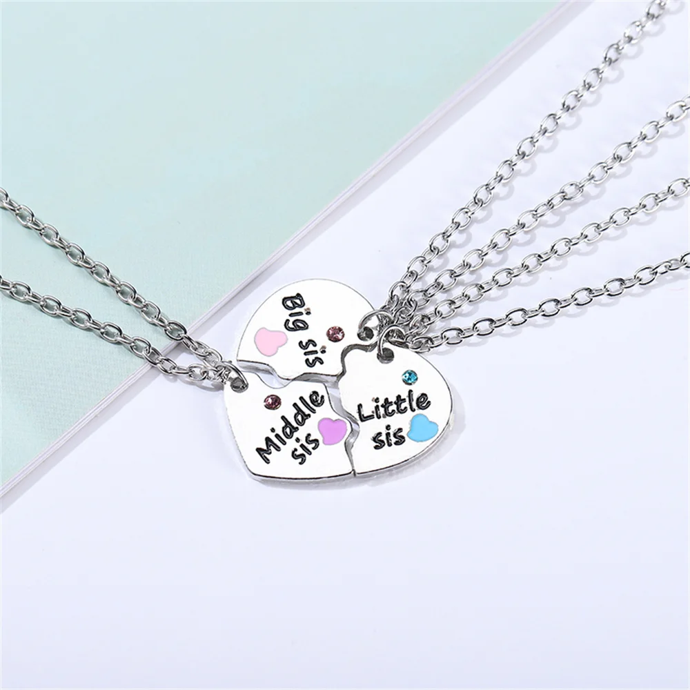 3Pcs Big Mid Lil Sister Pendant Necklace for Women Hollow Heart Puzzle Sis Friend Pendant Family Jewelry Accessories Gifts