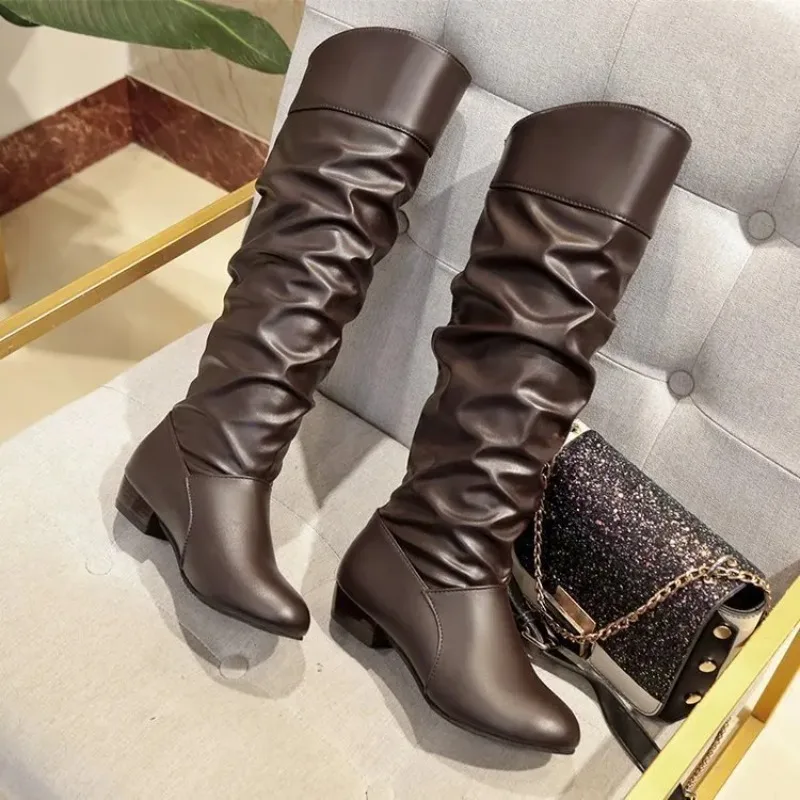 Shoes For Women 2022 Spring Knee High Boots Red Black White Tall Boots Woman Pleated Low Heel Casual Leather Female Long Shoes