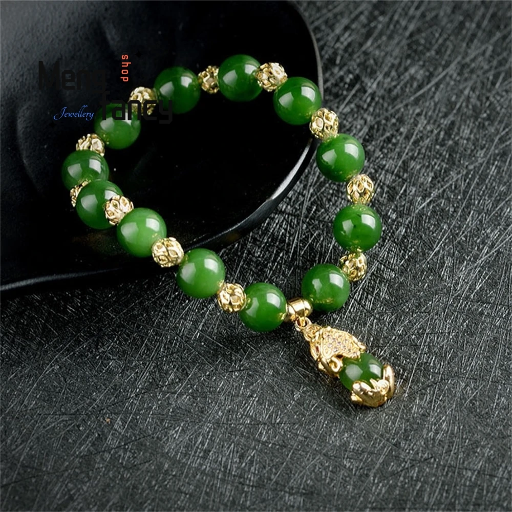 

Hetian jade inlaid with old pit green jade inlaid with female spinach green goldplated bracelet beads inlaid with PI Xiu Elegant