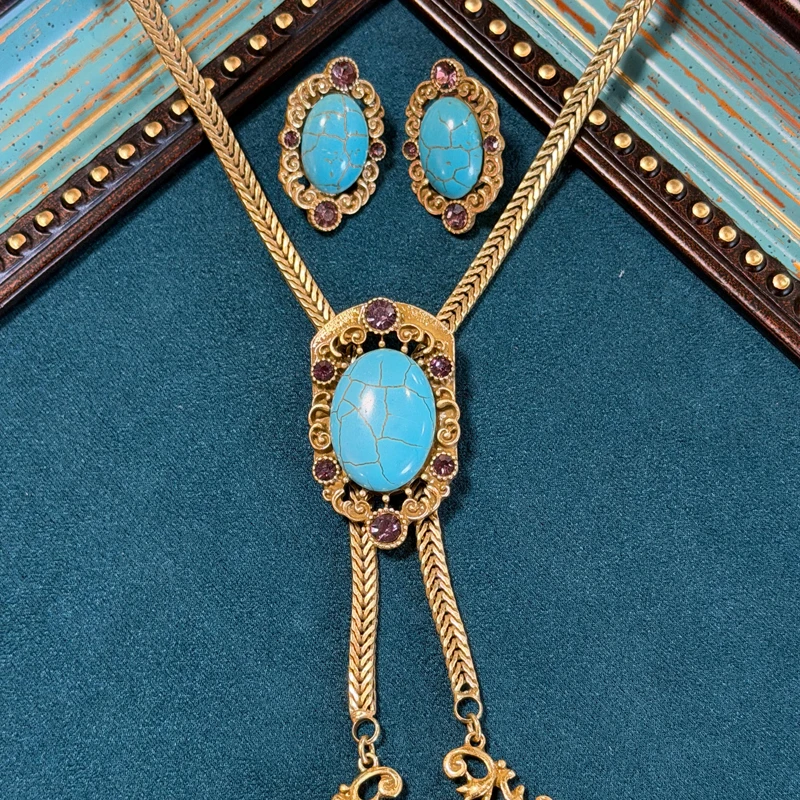Vintage Turquoise Amethyst Pendant Jewelry Sets Necklace Earring Luxury Brand Design Drawstring Sweater Chain Trendy Gifts