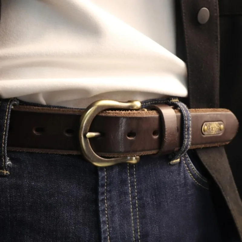 

3.8CM Genuine Leather Men Vintage Pure Brass Buckle Thickened Handmade Belts Male Versatile Casual Cowhide Trendy Strap Belt