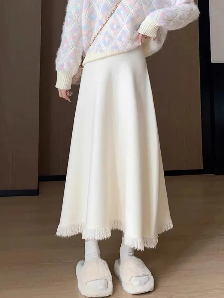 

Милая вязаная юбка-миди с кисточками, женская осенне-зимняя юбка трапециевидной формы с высокой талией, повседневные японские юбки, модная однотонная простая офисная женская юбка