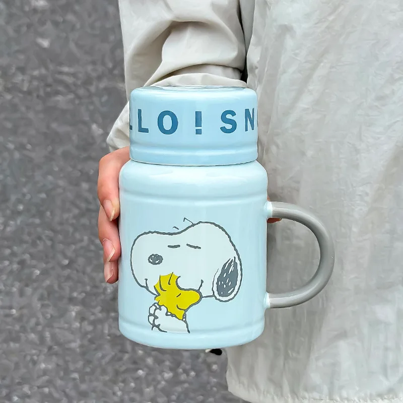 New Snoopy Series Co Branded Mug with Lid Spoon Cute Ceramic Cup Couple Home Children's Breakfast Water Cup Kids Birthday Gifts