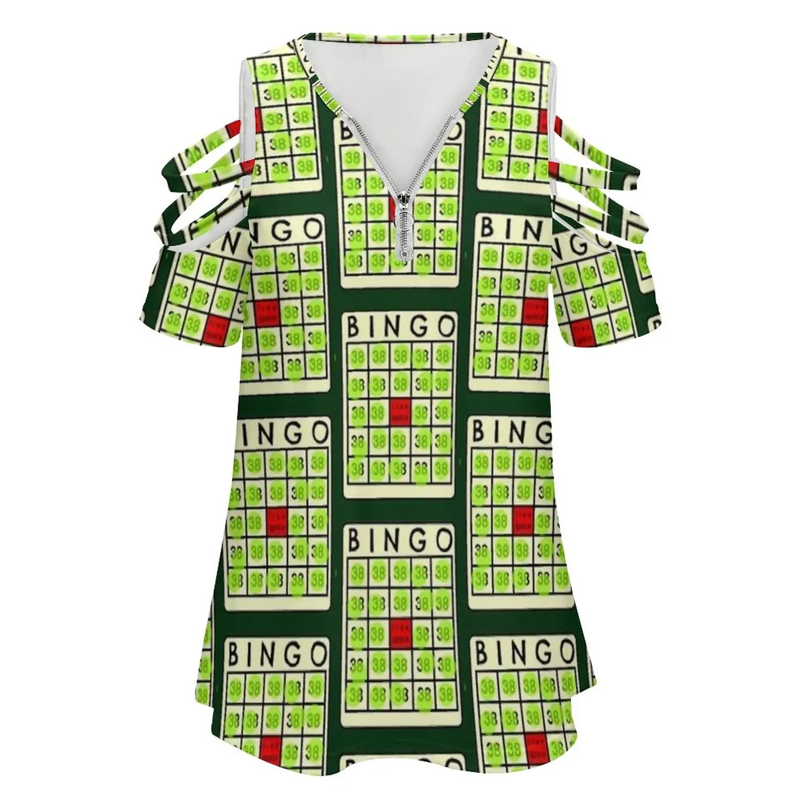 Luckiest Bingo Card Women's T-Shirt New Fashion Printed Zipper V-Neck Short Sleeve T Shirts Casual Plus Size Bingo Bingo