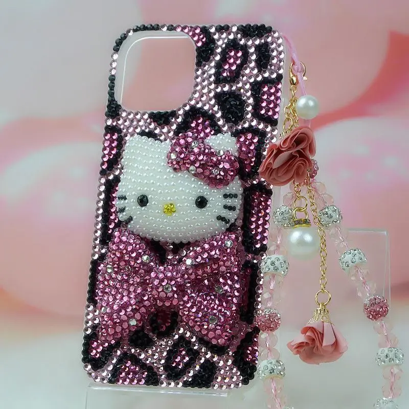 

Apple Rhinestones Mobile Phone Case Applicable To Iphone12/13/14/15Promax Kt Cat Diamond Bow Tie Mobile Phone Case Handmade Gift