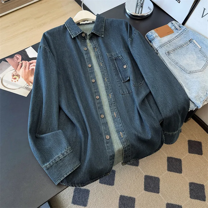 

Dark Blue Thin Denim Shirt Jacket Women Loose Casual Solid Color Cowboy Coat Lapel Long Sleeve Female Spring Autumn Streetwear