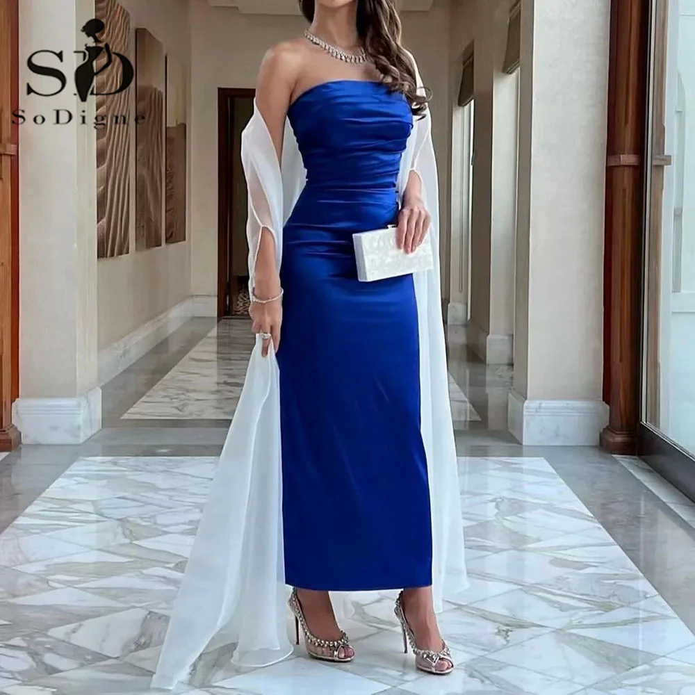 

SoDigne Royal Blue Sheath Long Prom Dresses Ruched Strapless Back Women Wear For Evening Party Gowns with organza Wrap