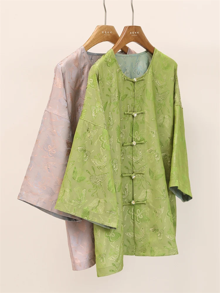 

Женская свободная рубашка из шелка и льна с цветочным принтом, двусторонняя, в китайском стиле, с круглым вырезом, на пуговицах, F50692