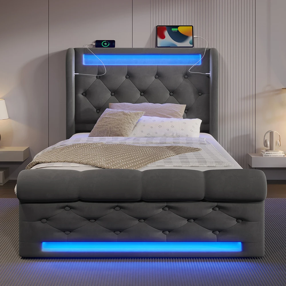 KOMHTOM Letto imbottito moderno Letto singolo 90x200 cm con luci a LED, porte USB e tipo C, letto contenitore idraulico