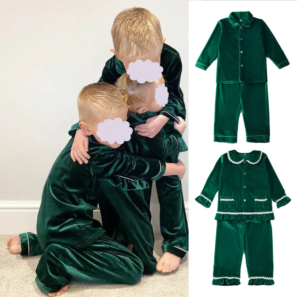 Hot Sale Matching Family Unisex Clothes Christmas Pyjamas Sets Soft Velvet Boys And Girls Ruffle Christmas Baby Pajamas Sets