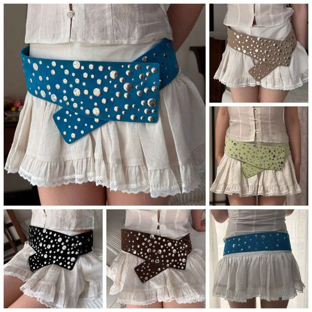 Cool PU Leather Rivets Extra Wide Belt Y2K Exaggerated Studded Wide Waistband Gothic Punk Women Waist Belts Party Wear