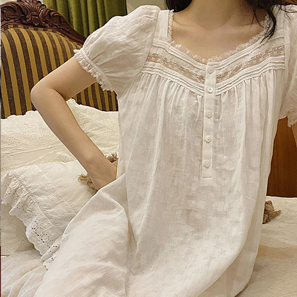 2024 French Palace Style Short Sleeve Summer Nightdress Women Homewear Gown 100% Pure Cotton Nightgown Thin Lounge Oversize