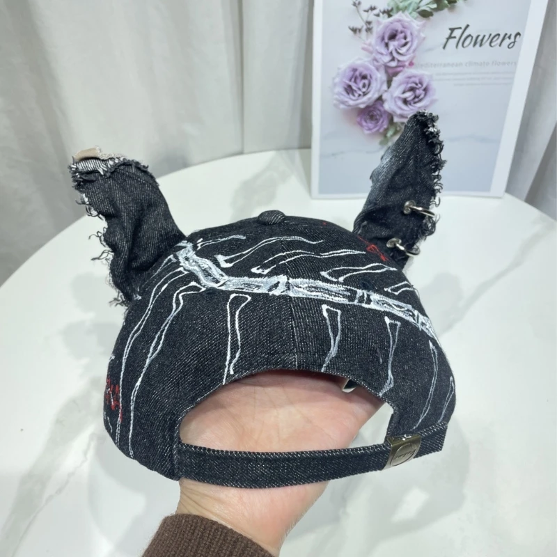 2000s Ripped Punk Baseball Cap Animal Ear Distressed Metal Rings Truck Hat