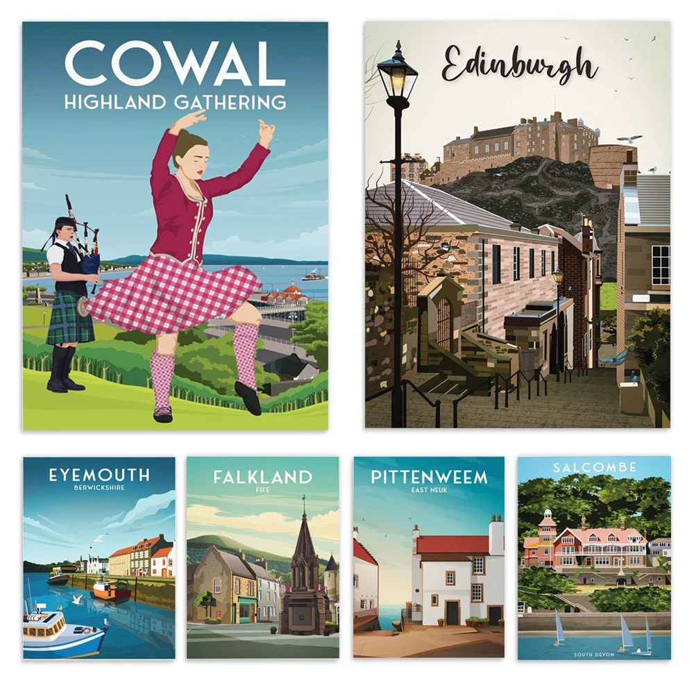 Travel poster with Newport Tay Railway Bridge, Broughty Ferry, Salcombe, Eyemouth Harbour, Thurso Castle, Isle of Tiree surfing