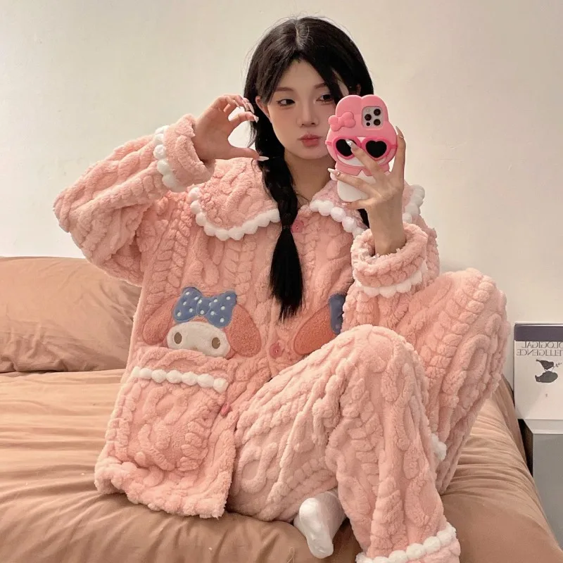 マイメロディ ソフトパジャマ 女の子 ポムポムプリン コーラルベルベット クロミ 厚手フランネル 学生 かわいい＆甘い漫画風ホームウェアセット