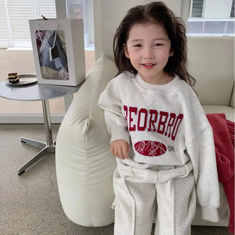 Winter Baby and Girls Gray Alphabet Warm Fleece Lined Sweatshirt+Sweatpant Kids Tracksuit Children Outfit Jogging Set