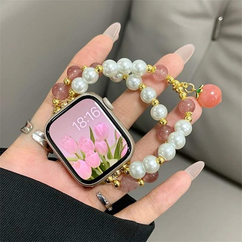 Cute Pearl Bracelet For Apple Watch Band Series Ultra 42mm 38/40 41/45 49mm Elasticity Strap For iWatch 9 8 7 6 5 4 se 3 2 Girls