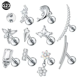 1/5PCS Titanium Flat Back Lobe Helix Earring Stud Internally Threaded CZ Crystal Flower Labret Cartilage Tragus Piercing Jewelry