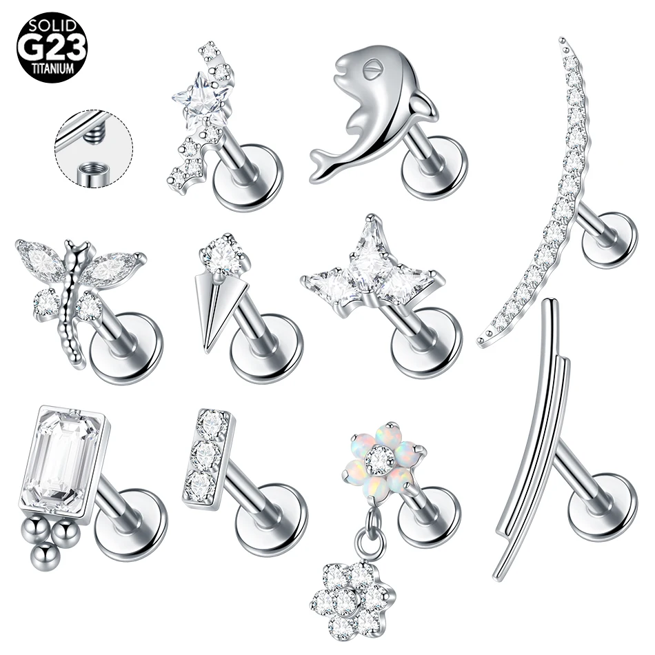 1/5PCS Titanium Flat Back Lobe Helix Earring Stud Internally Threaded CZ Crystal Flower Labret Cartilage Tragus Piercing Jewelry