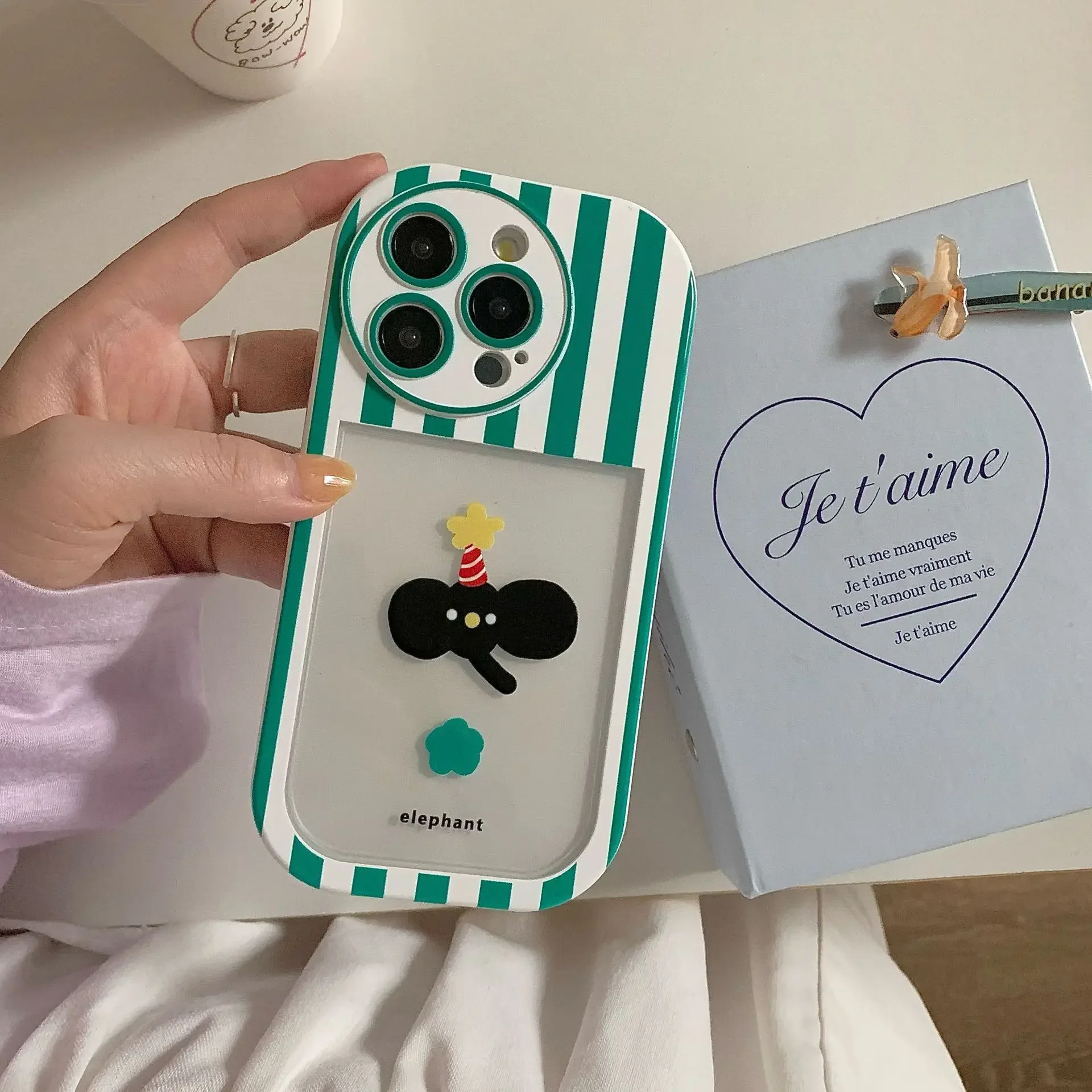 Funny Party Elephant green stripe Clear Phone Case For iPhone 15 14 13 12 11 Pro Max Case Cute luxury Cartoon shockproof Cover