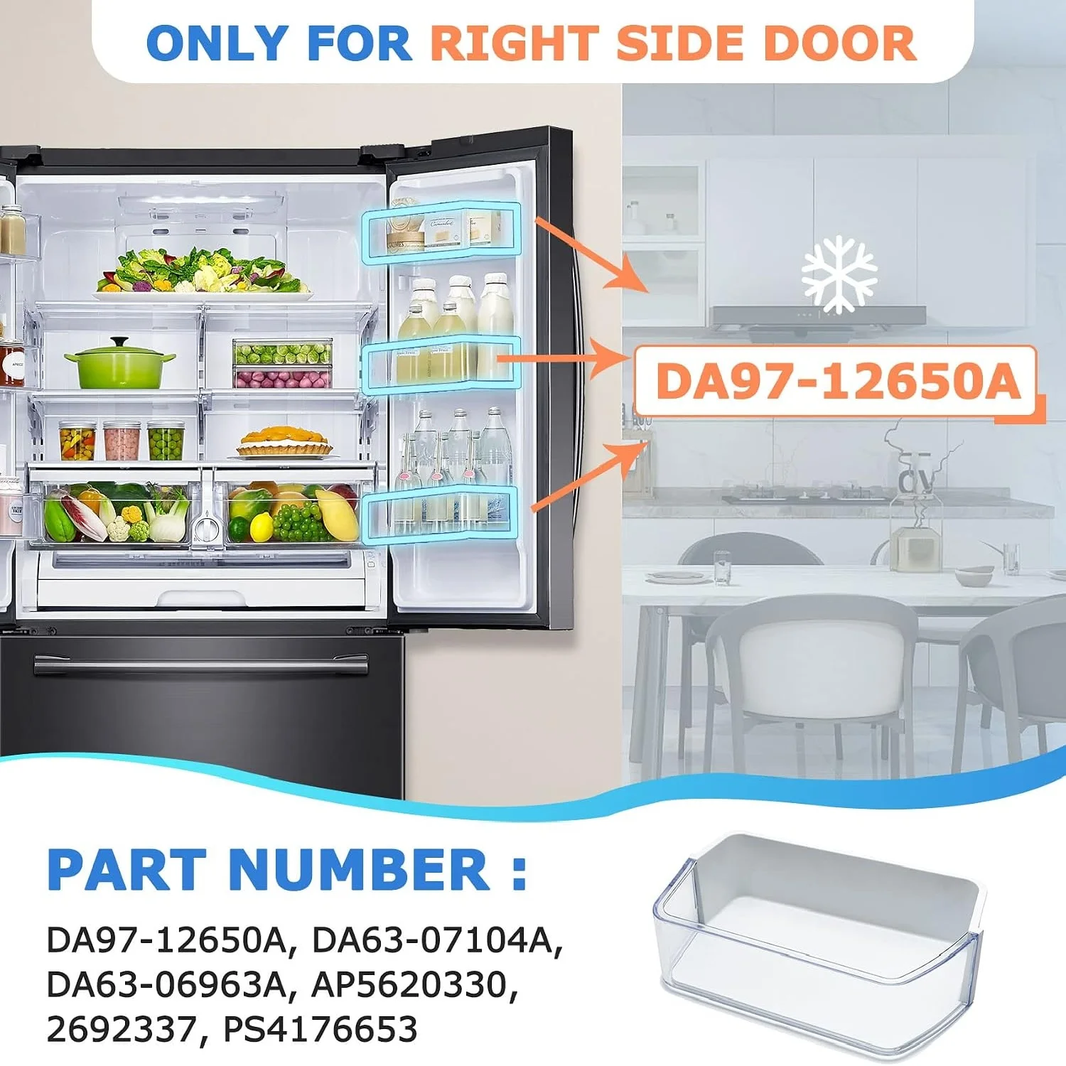 Upgraded DA97-12650A, DA63-06963A, DA63-07104A Door Shelf Basket Bin (Right Side) Compatible With Samsung RF260/RF261/RF263beaesr Refrigerators, Part number: AP5620330, 2692337