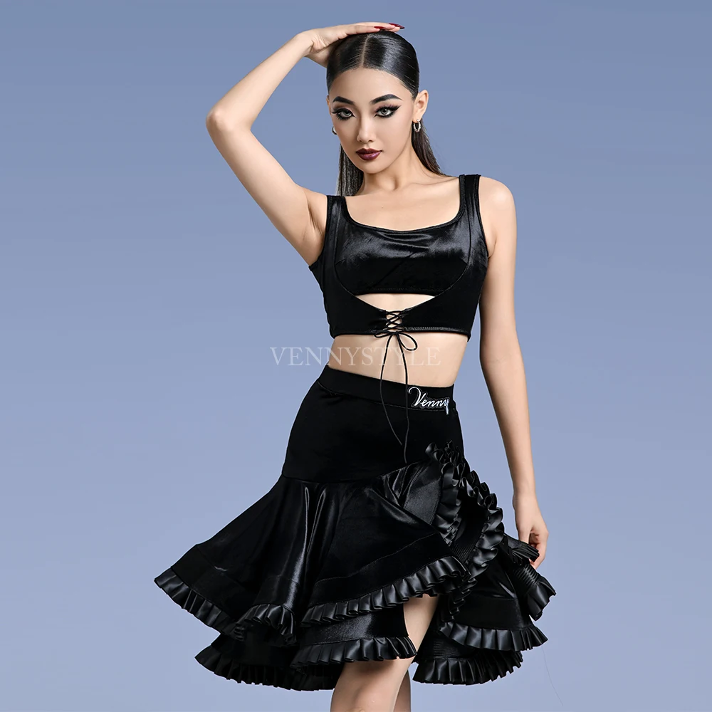 Vennystyle Latin Dance ladies adult dance dress top half skirt performance professional training dress velvet dance dress
