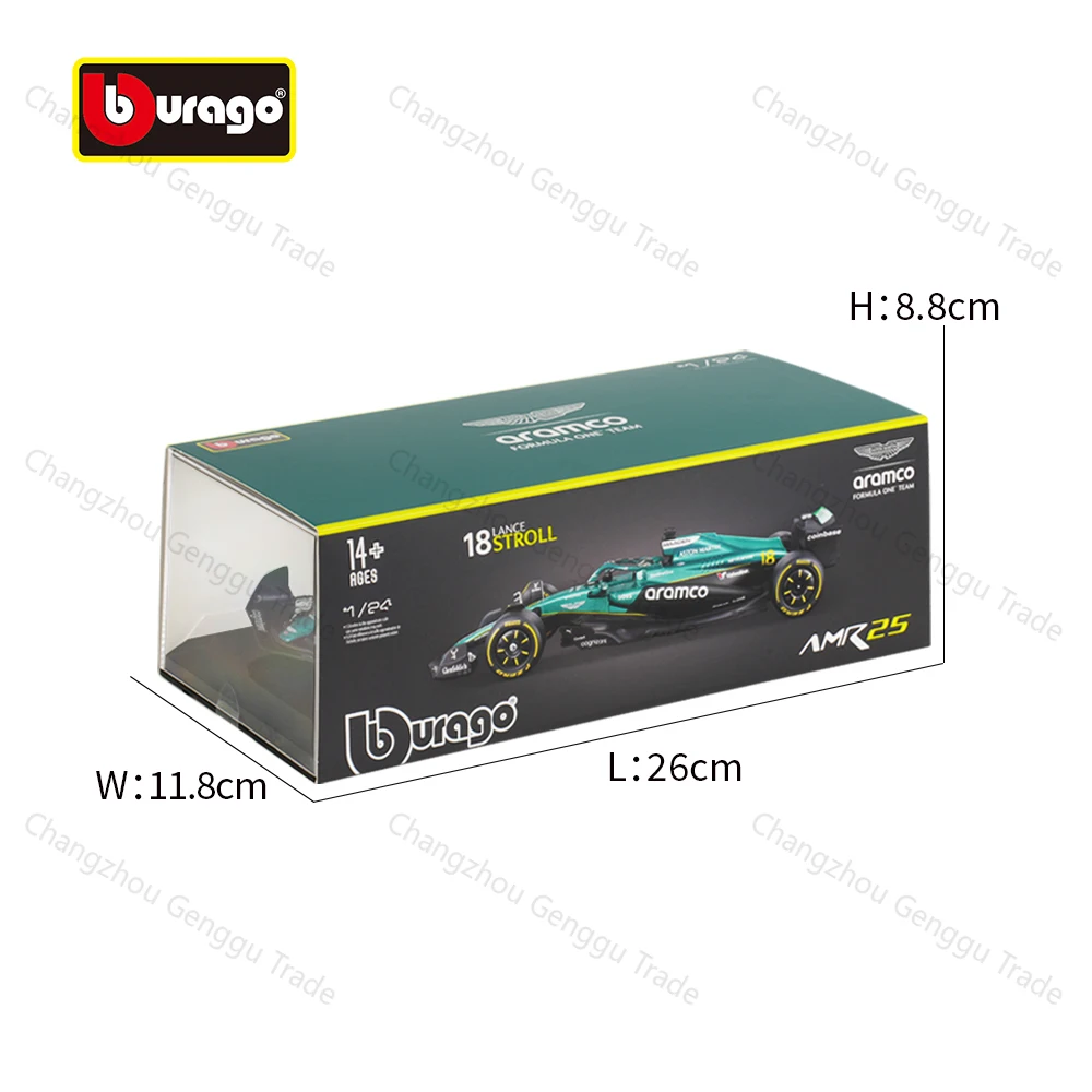ブラーゴ-1-24-アストンマーティン-amr25-2025-14-フェルナンド・アロンソ-18-ランス・ストロール-f1-フォーミュラカー-スタティックダイキャスト合金モデル