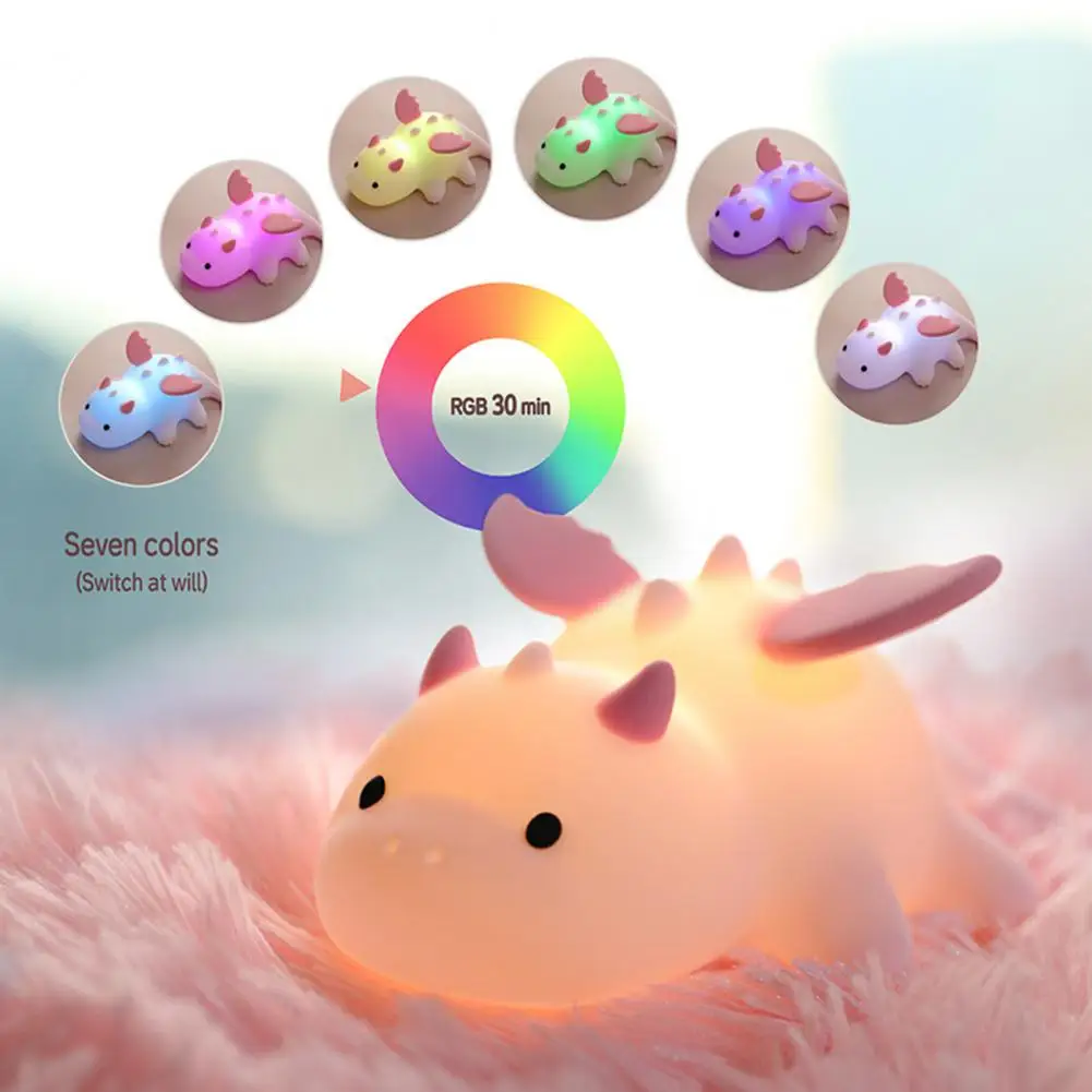 Kids Night Light Soft Toy Small Dragon Night Light Silicone Bedside Lamp Bpas-free Kids Soothing Glow Nursery Light with Auto-of
