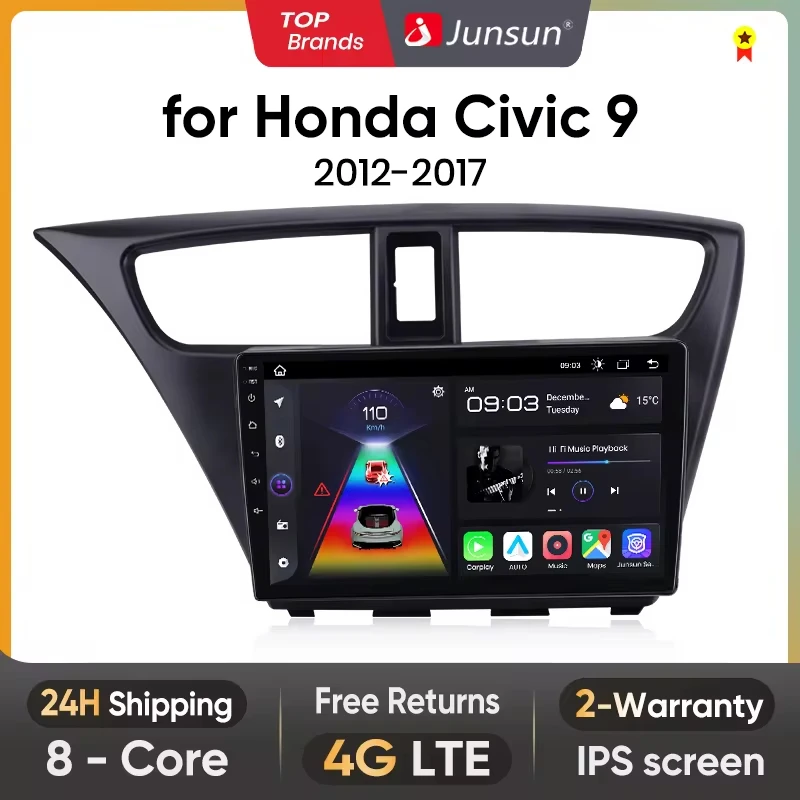 Junsun Wireless CarPlay Android Auto Car Radio for Honda Civic 9 FK FB 2012 2013 2014-2017 RDS GPS 4G WIFI Multimedia autoradio