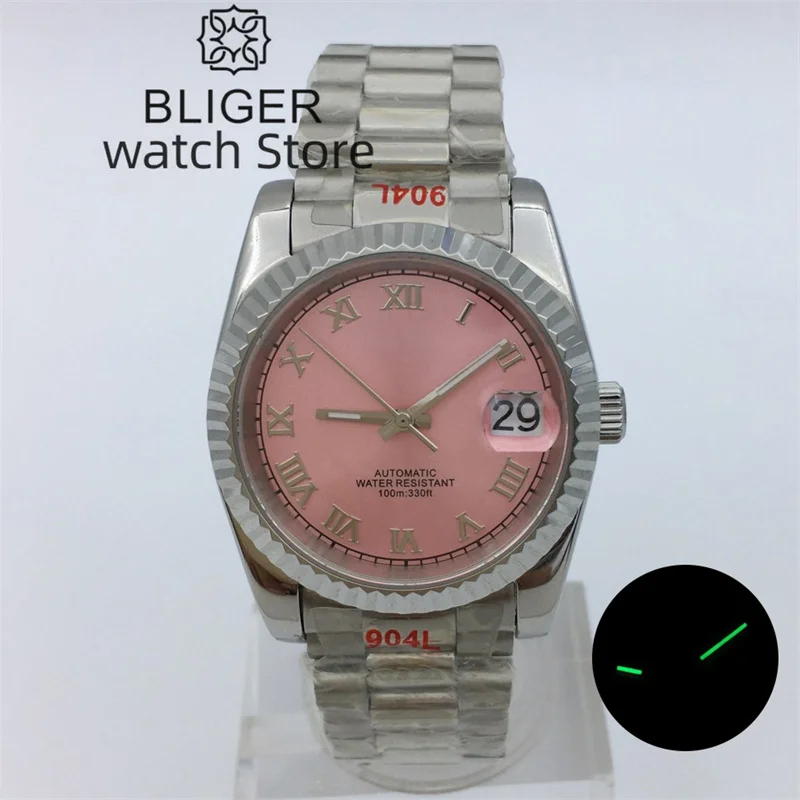 BLIGER NH35A Movement 36MM 39MM Men Watch Rome Index Pink dial Fluted Bezel Sapphire Glass Clock Stainless steel  Bracelet