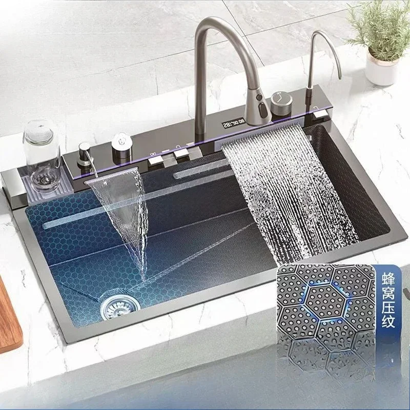 Extra thick 6mm digital display sink 304 nm stainless steel household kitchen washing vegetables Feiyu waterfall single