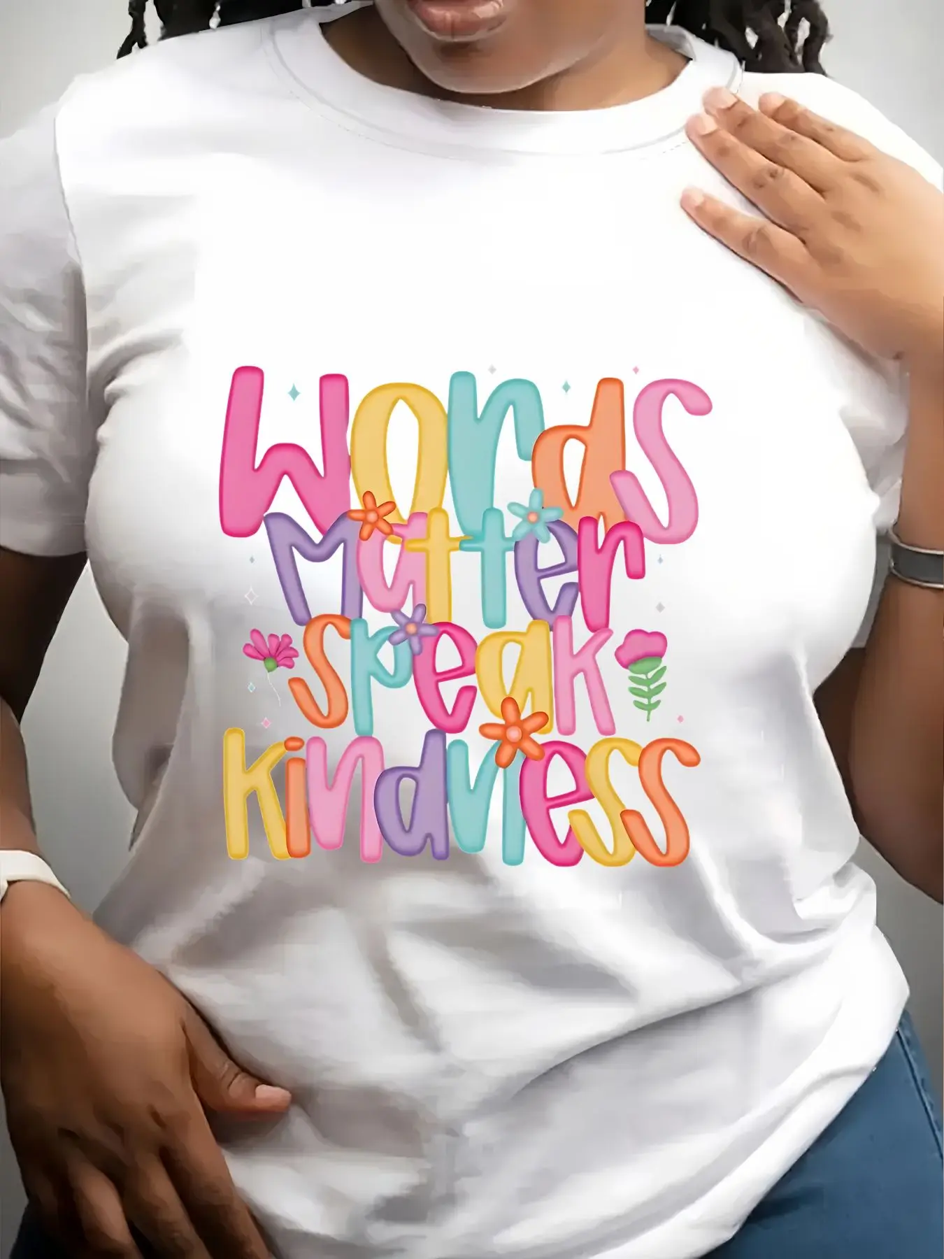 Women's Trendy Crew Neck T-Shirt Words Matter Speak Kindness Print Suitable for Casual Sportswear