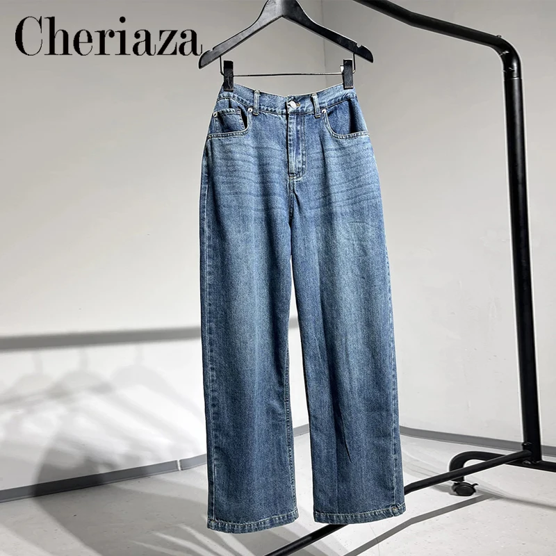 Women's High-Waist Wide-Leg Cotton Denim Jeans - Y2K Straight Fit